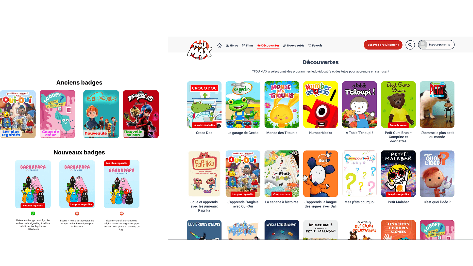 Recherche cards & badges en contexte sur la page Découvertes