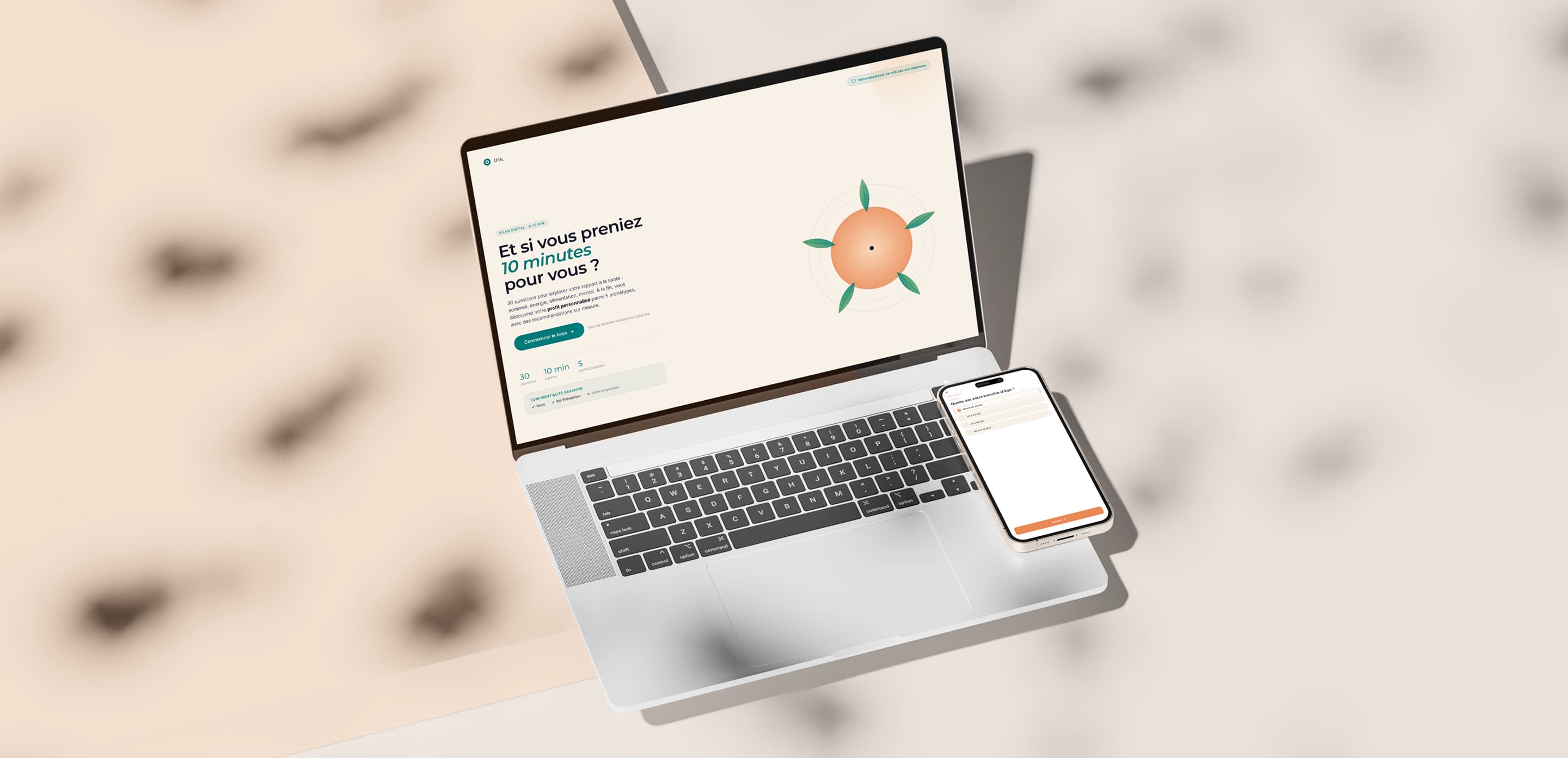 Aperçu du projet Iris Prévention — interface du questionnaire santé sur mobile et ordinateur