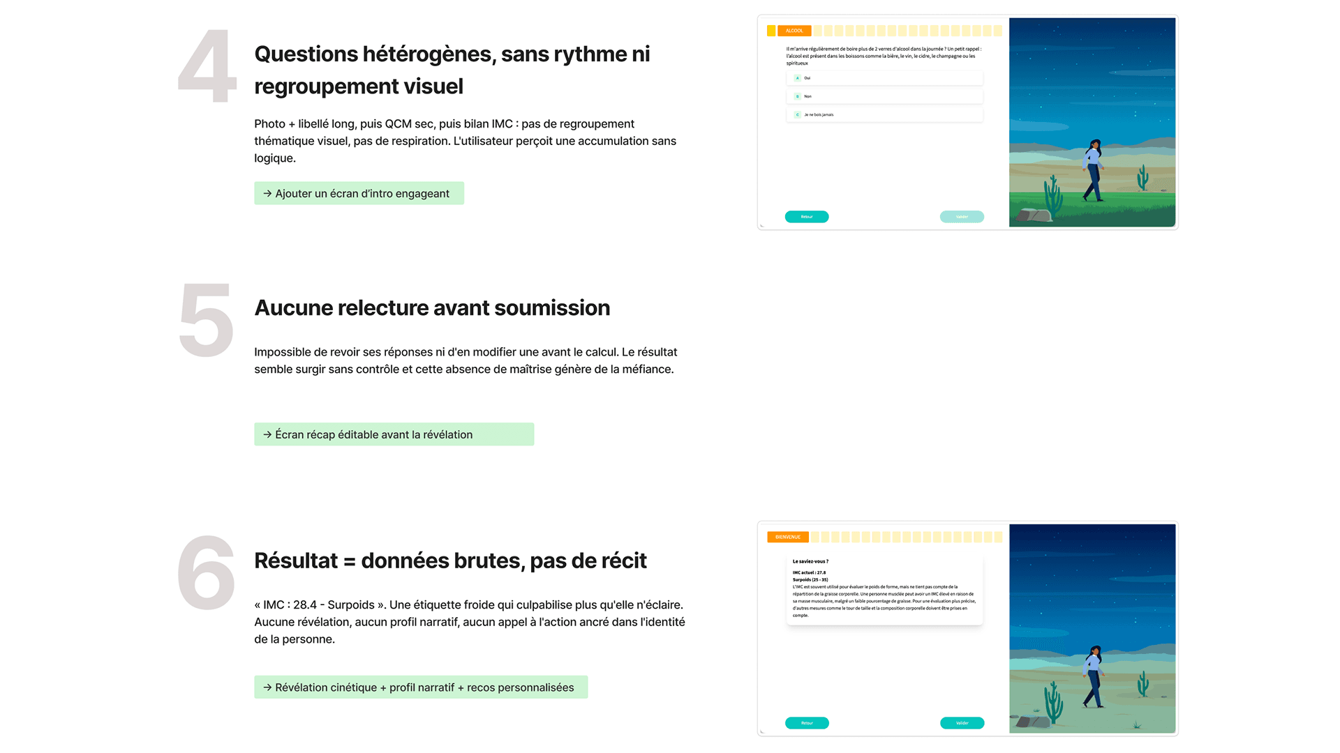 Audit UX – Frictions 4 à 6 · Questions hétérogènes · Absence de relecture · Résultat sans récit